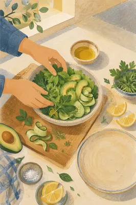 Fresh Green Salad Prep in Kitchen