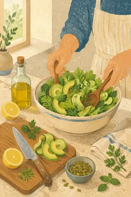 Fresh Green Salad Preparation in Bright Kitchen