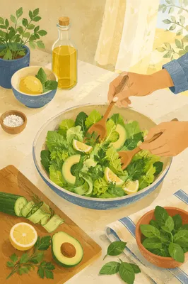 Fresh Green Salad Preparation in Sunlit Kitchen