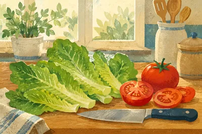 Fresh Green Salad Preparation in Morning Kitchen