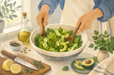 Fresh Green Salad Prep in Kitchen
