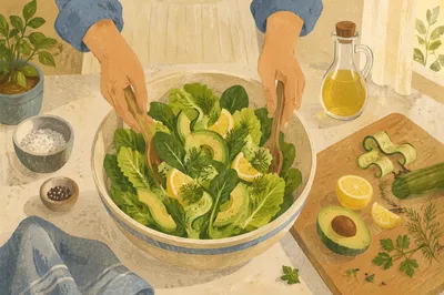Fresh Green Salad Preparation in Sunlit Kitchen