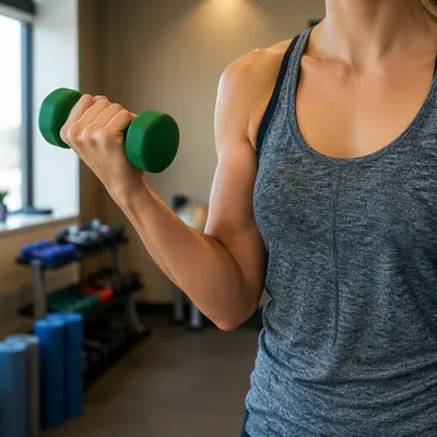 Close-Up Bicep Curl in Bright Gym