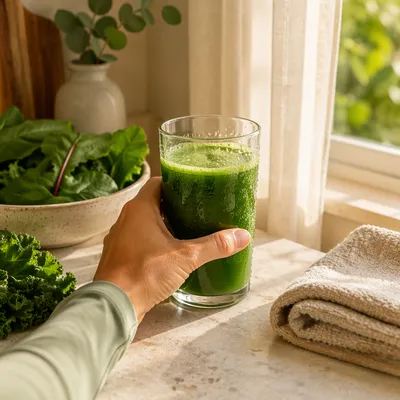 Hand Holding Fresh Green Juice Morning Wellness