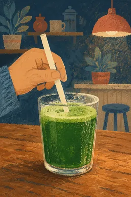Hand Stirring Fresh Green Juice on Rustic Table