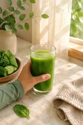 Hand Holding Fresh Green Juice by Window