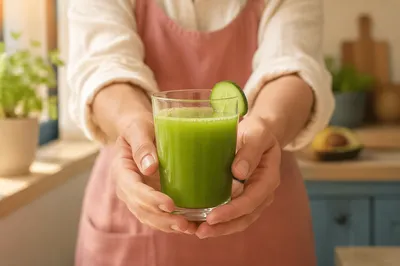 Hand Holding Fresh Green Juice Glass