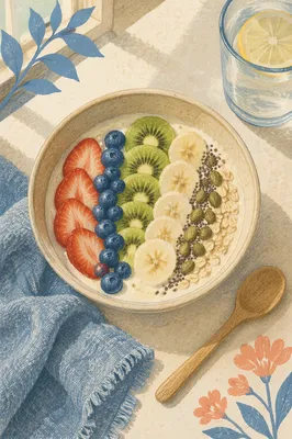 Healthy Fruit Seed Breakfast Bowl Flat Lay