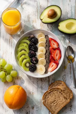 Healthy Fruit Yogurt Breakfast Bowl Flat Lay