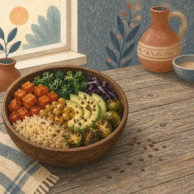 Healthy Buddha Bowl on Rustic Wooden Table