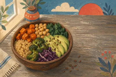 Wholesome Buddha Bowl Lunch on Rustic Wood