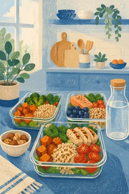 Healthy Meal Prep Containers on Blue Counter