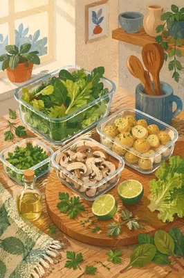 Healthy Meal Prep Containers on Wooden Counter