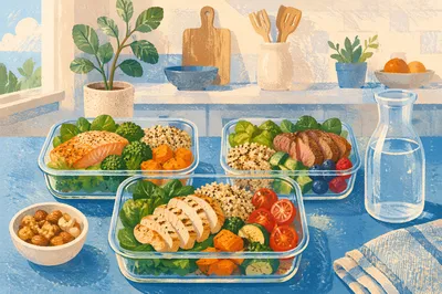 Healthy Meal Prep Containers on Blue Countertop