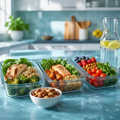 Healthy Meal Prep Containers on Blue Counter