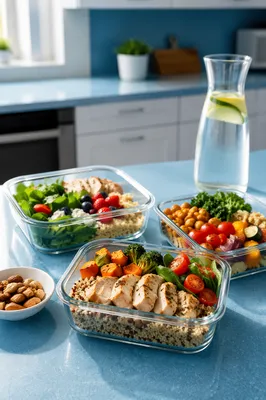 Healthy Meal Prep Containers on Blue Countertop