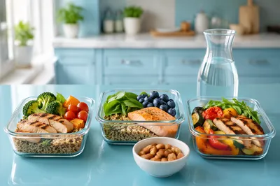 Healthy Meal Prep Containers on Blue Countertop