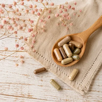 Natural Herbal Capsules in Rustic Wooden Spoon