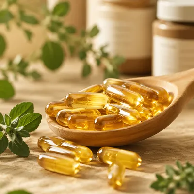 Natural Herbal Capsules in Wooden Spoon