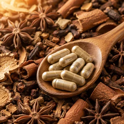 Natural Herbal Capsules in Rustic Wooden Spoon