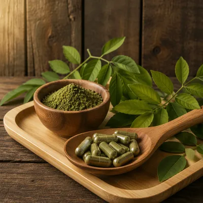 Natural Herbal Capsules in Wooden Spoon
