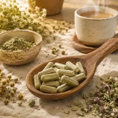 Herbal Supplement Capsules in Rustic Wooden Spoon