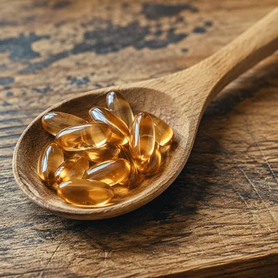 Amber Herbal Capsules in Wooden Spoon