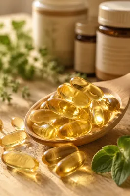 Natural Herbal Capsules in Wooden Spoon