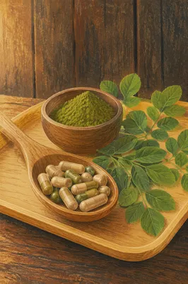 Natural Herbal Capsules on Wooden Spoon