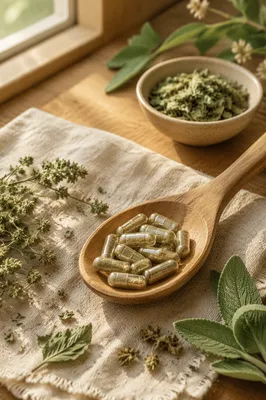 Herbal Supplement Capsules in Wooden Spoon