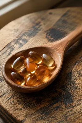 Amber Herbal Capsules in Wooden Spoon