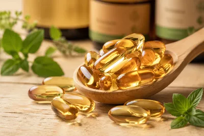 Natural Herbal Capsules in Wooden Spoon