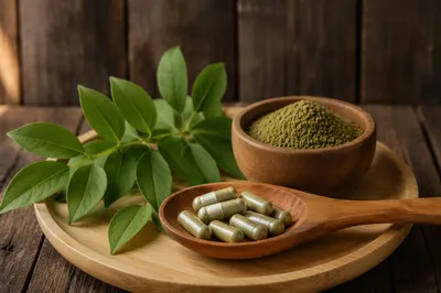 Natural Herbal Capsules on Wooden Spoon