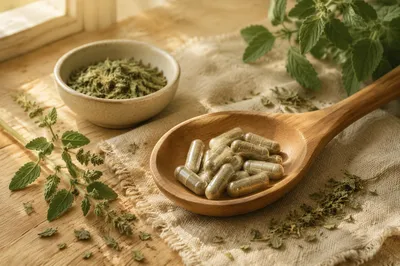 Herbal Capsules in Wooden Spoon Still Life