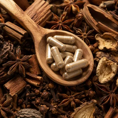 Natural Herbal Capsules in Wooden Spoon