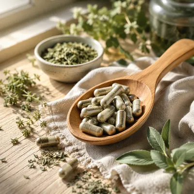 Herbal Supplement Capsules in Wooden Spoon