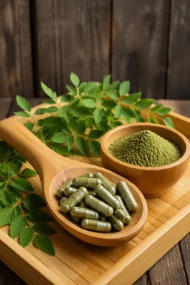 Natural Herbal Capsules on Wooden Spoon
