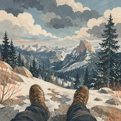 Hiking Boots Over Snowy Alpine Valley