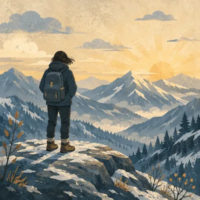 Sunrise Hiker on Snowy Mountain Trail