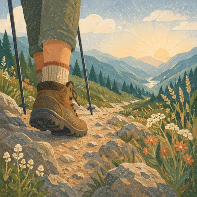 Hiking Boots on Peaceful Mountain Trail