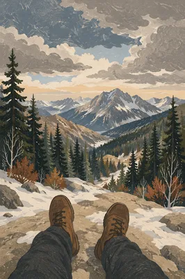 Hiking Boots Over Snowy Alpine Valley