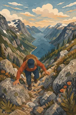 Hiker Climbing Rugged Mountain Trail