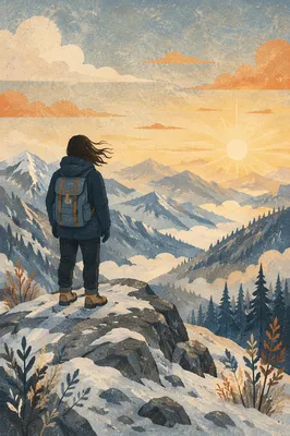 Sunrise Hiker on Snowy Mountain Trail