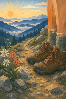Hiking Boots on Mountain Trail Sunrise