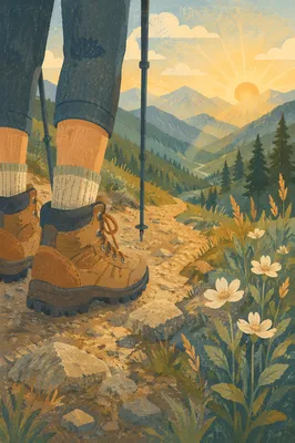 Hiking Boots on Peaceful Mountain Trail