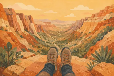 Hiking Boots Over Golden Desert Canyon