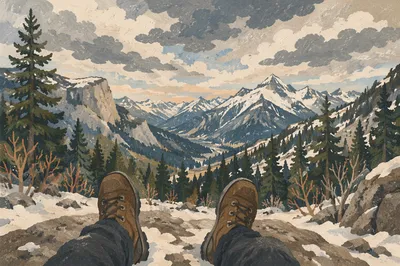 Hiking Boots Over Snowy Alpine Valley