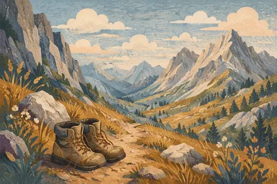 Hiking Boots on Scenic Mountain Trail