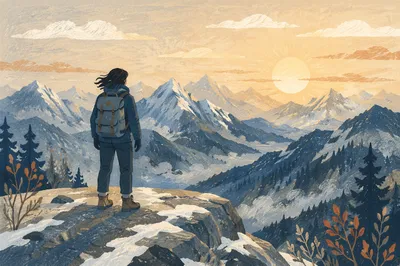 Hiker Boots on Snowy Mountain Trail