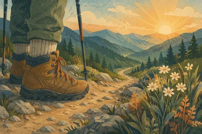 Hiking Boots on Peaceful Mountain Trail